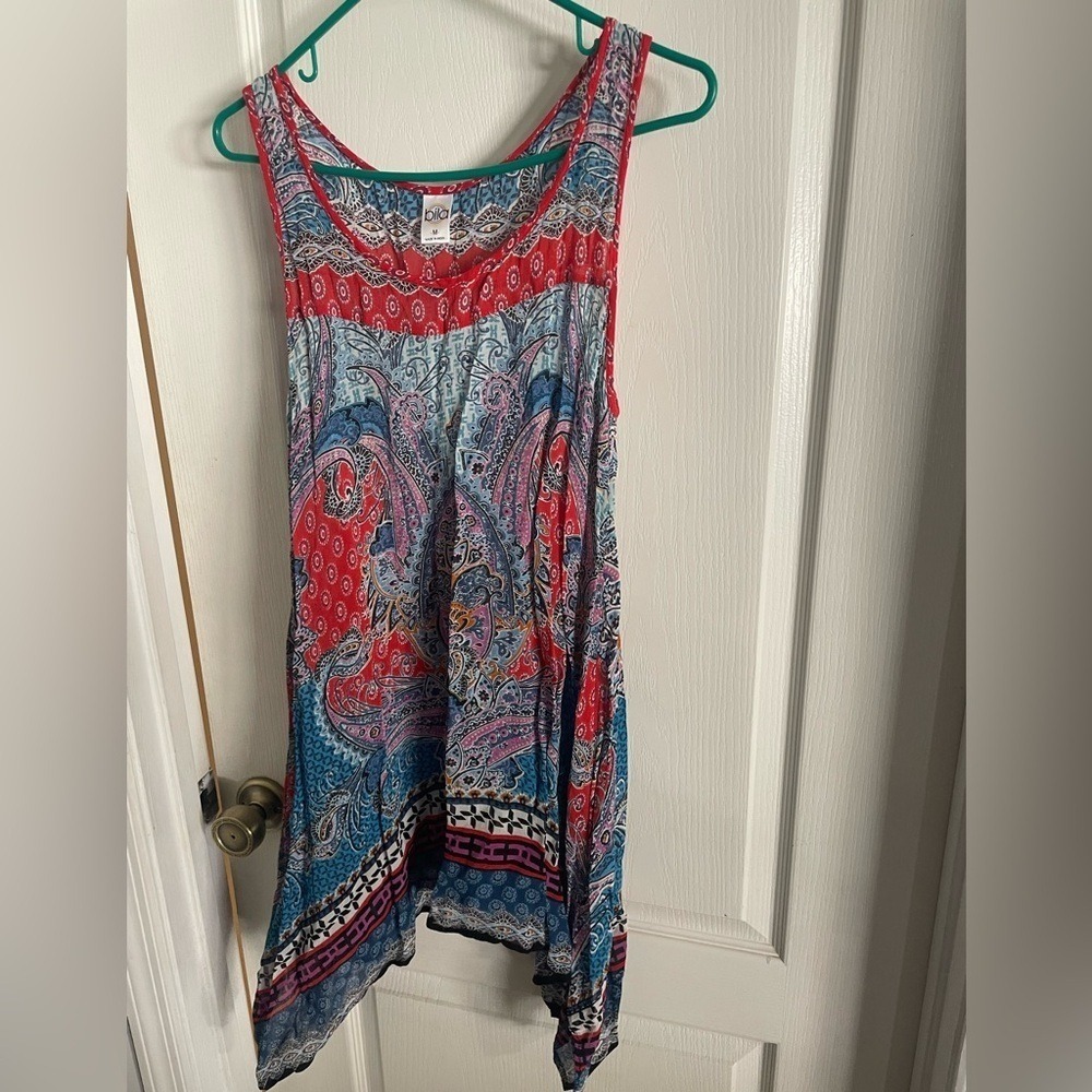 Bila Womens Paisley Handkerchief Hem Sleeveless Tunic Dress Red Blue Medium